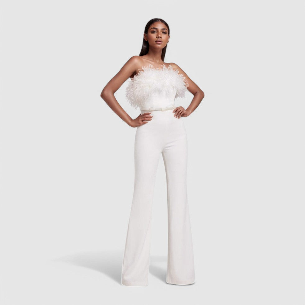 Auvelle l Off-Shoulder Jumpsuit with Feather Detail