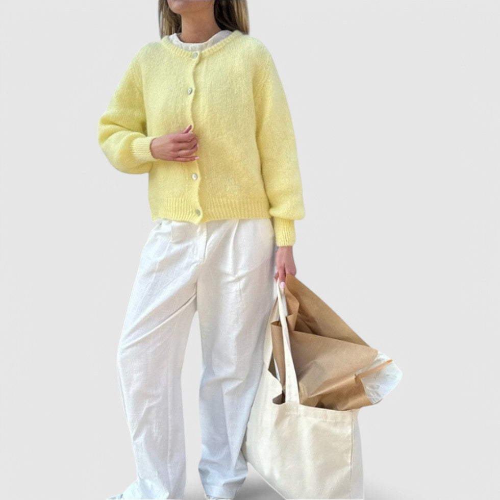 Buttoned Cardigan with Soft Knit Fabric and Round Neck