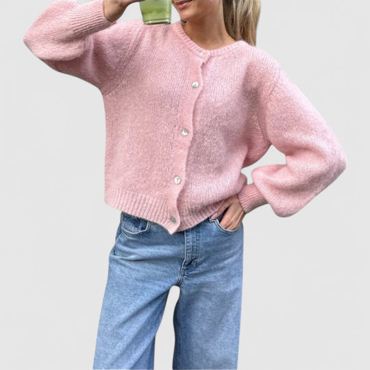Buttoned Cardigan with Soft Knit Fabric and Round Neck