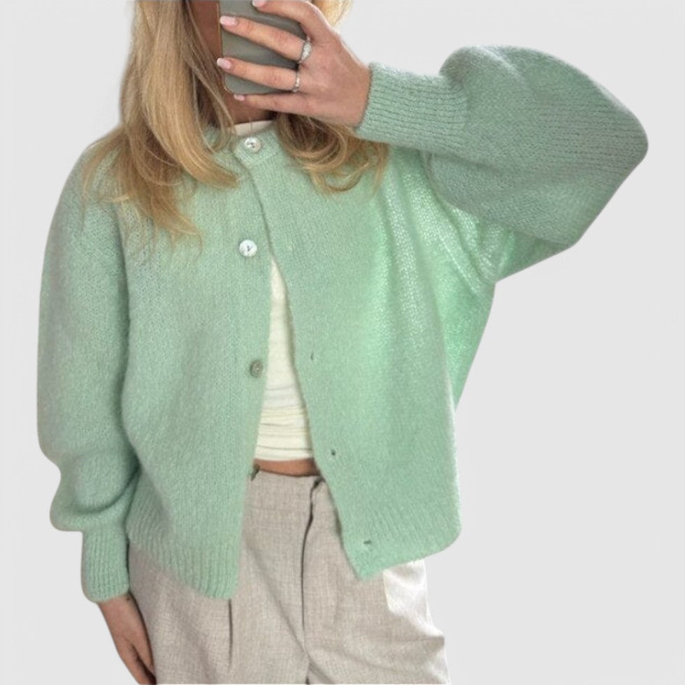Buttoned Cardigan with Soft Knit Fabric and Round Neck