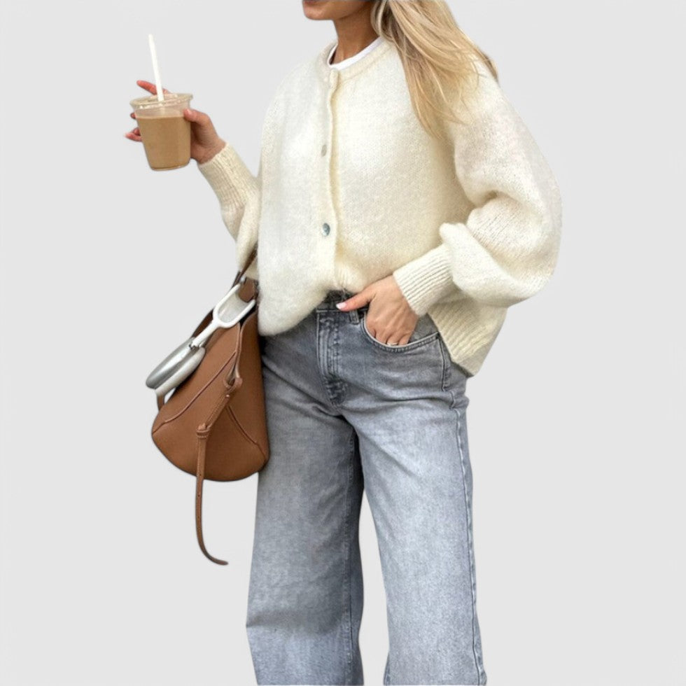 Buttoned Cardigan with Soft Knit Fabric and Round Neck