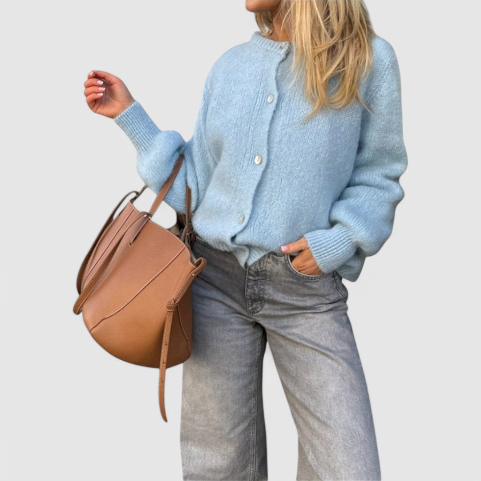 Buttoned Cardigan with Soft Knit Fabric and Round Neck