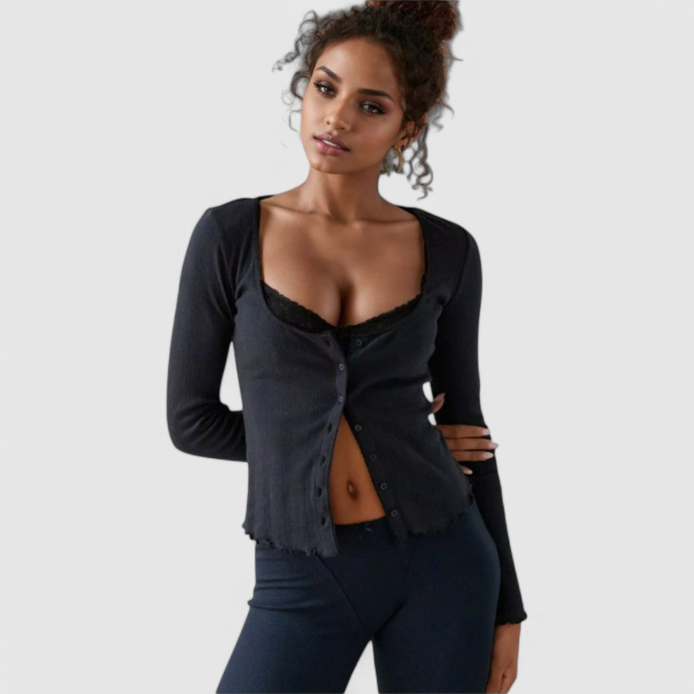 Square Neck Buttoned Top Versatile Style