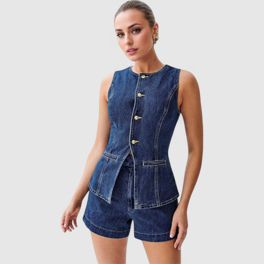 Denim Top with Gold Button Detail