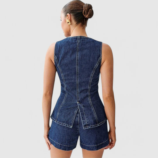 Denim Top with Gold Button Detail