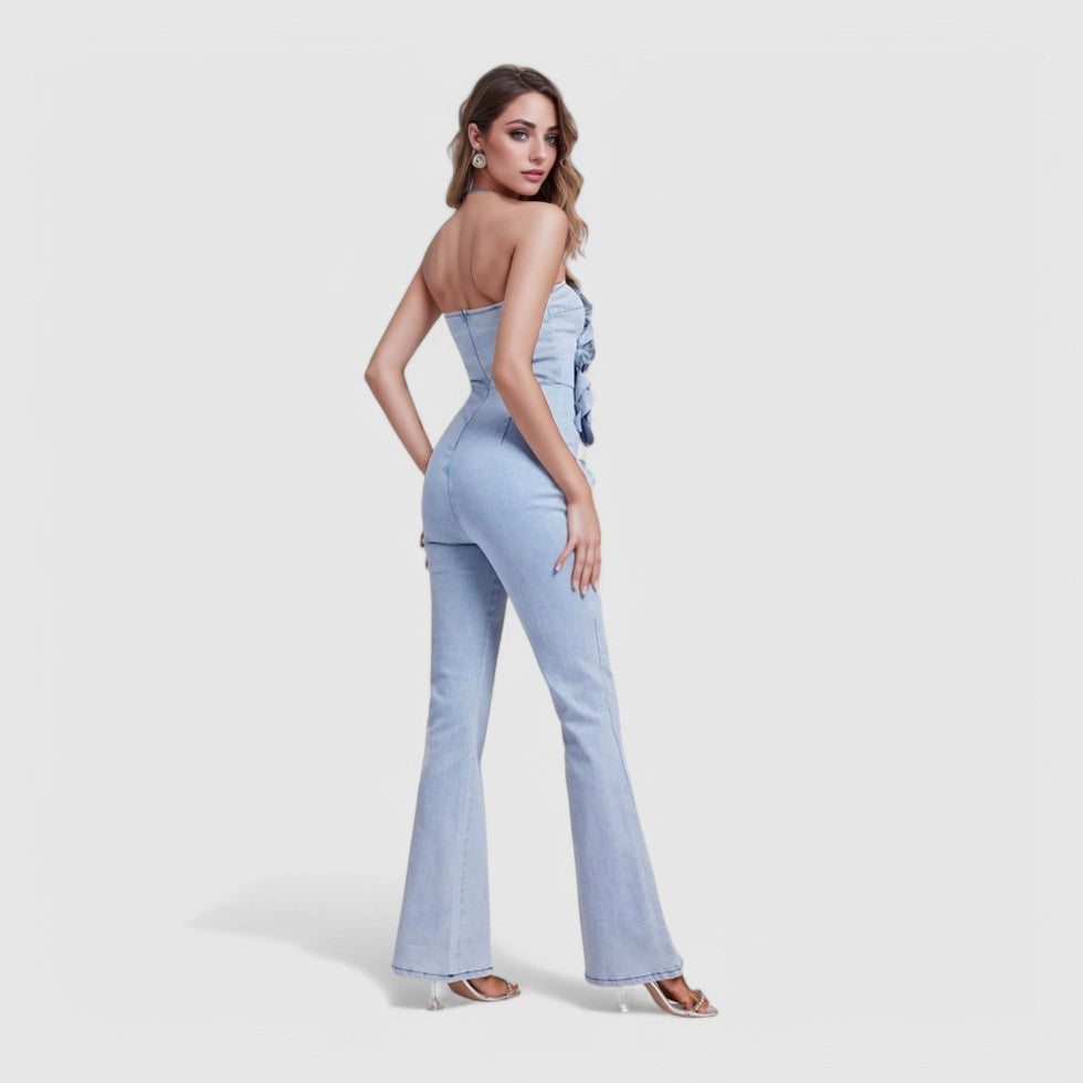 Floral Denim Jumpsuit with Sculpted Rose Details