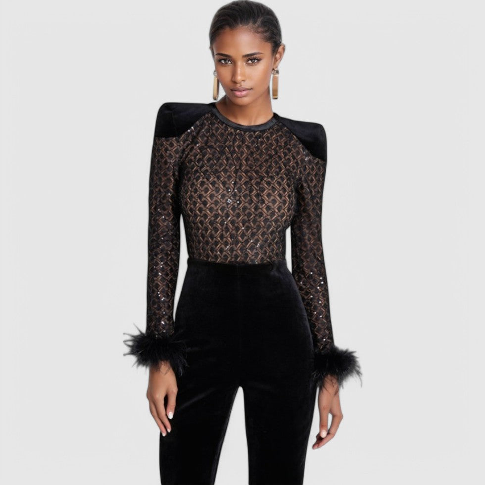 High Waisted Velvet Jumpsuit with Feather Cuffs