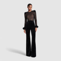 High Waisted Velvet Jumpsuit with Feather Cuffs
