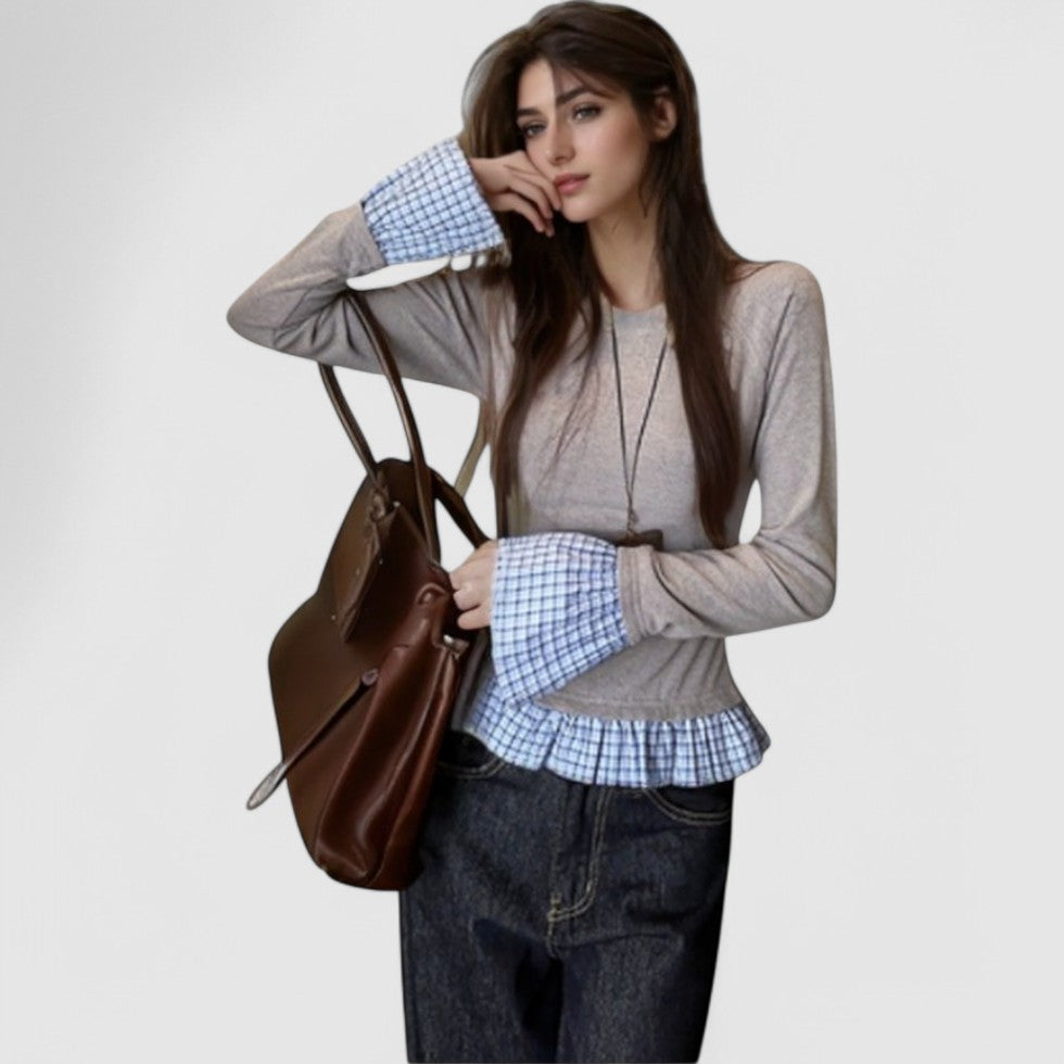 Plaid Patchwork Top with Round Neck