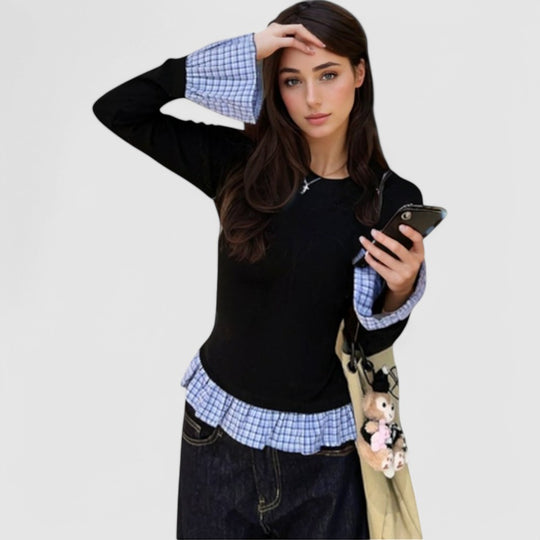 Plaid Patchwork Top with Round Neck