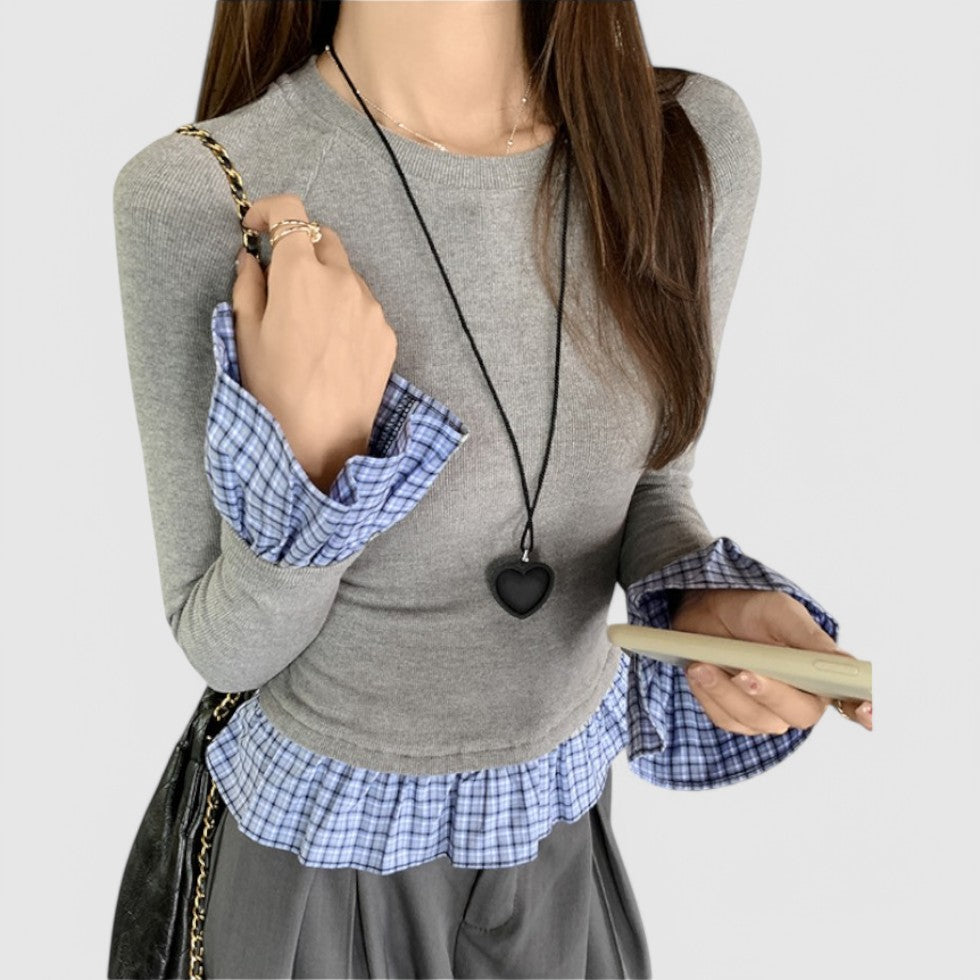 Plaid Patchwork Top with Round Neck