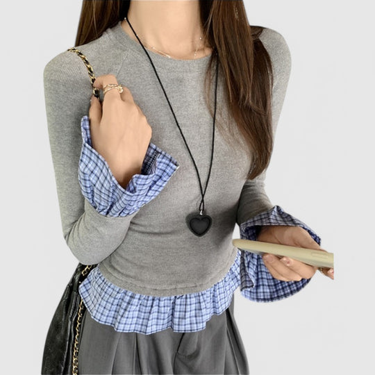 Plaid Patchwork Top with Round Neck